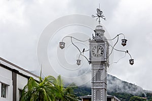 The Victoria Clock Tower, or `mini Big Ben`, copy of London`s Big Ben in the city center of Victoria, Seychelles.