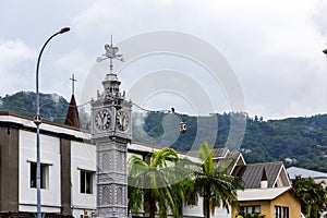 The Victoria Clock Tower, or `mini Big Ben`, copy of London`s Big Ben in the city center of Victoria, Seychelles` capital