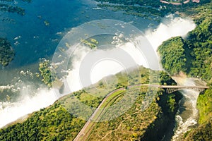 Victoria Falls, Zambesi River with bridge and Victoria Falls