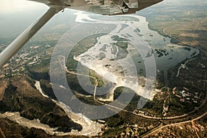 Victoria Falls, aerial view Zambesi River, Bridge and Victoria Falls, Zambia