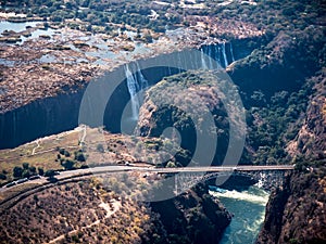 Victoria Falls Aerial with Bridge over the Zambezi River