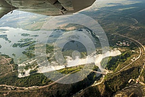 Victoria Falls, aerial view Zambesi River, Bridge and Victoria Falls, Zambia