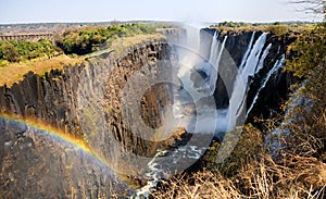 Victoria Falls. A general view with a rainbow. National park. Mosi-oa-Tunya National park. and World Heritage Site. Zambiya.