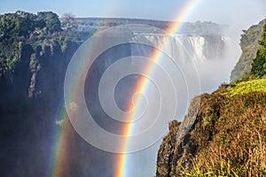 Victoria Falls. A general view with a rainbow. National park. Mosi-oa-Tunya National park. and World Heritage Site. Zambiya.