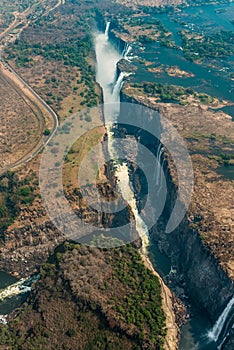 Victoria Falls in Zimbabwe at drought, aerial shot