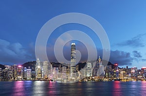 Victoria harbor of Hong Kong city at dusk