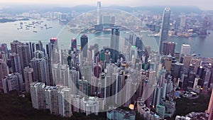 Victoria Harbour aerial footage. Hong Kong skyscrapers.