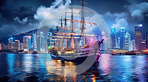 Victoria Harbour Hong Kong night view with junk ship on foreground