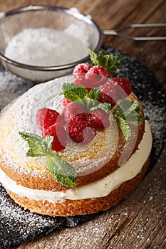 Victoria naked cake decorated with raspberries and mint closeup.