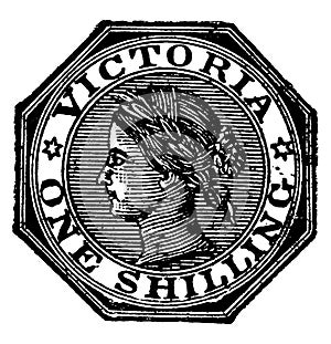 Victoria One Shilling Stamp from 1864 to 1865, vintage illustration
