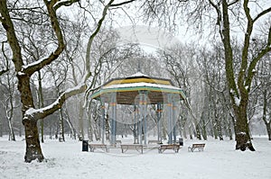 Victoria Park in London under snow.