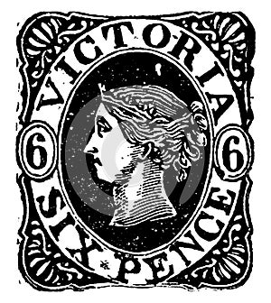 Victoria Six Pence Stamp from 1862 to 1863, vintage illustration
