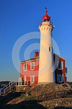 Fisgard Lighthouse at Sunset, Fort Rodd Hill National Historic Site, Victoria, Vancouver Island, British Columbia, Canada