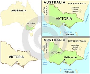 Victoria state location on map of Australia. Capital city is Melbourne