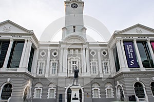 Victoria Theatre and Concert Hall building facade front symmetrical view, in neo-classical style, national monument of Singapore.