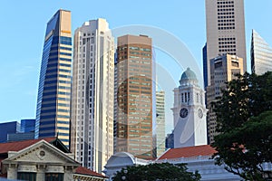 Victoria Theatre and Concert Hall clock tower and skyscrapers, Singapore