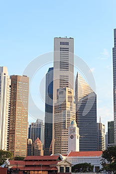 Victoria Theatre and Concert Hall clock tower and skyscrapers, Singapore