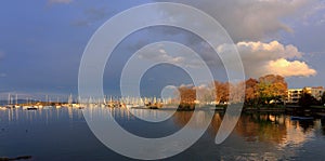 Victoria, Vancouver Island Landscape Panorama of Evening Light on Oak Bay Marina, British Columbia, Canada