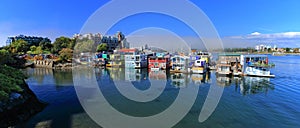 Victoria, Vancouver Island, Landscape Panorama of Fisherman`s Wharf and Houseboats in the Inner Harbour, British Columbia, Canada