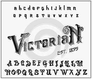 Victorian alphabet in ancient style. Antique old Font. Vintage typeface in black colors, editable and layered. Hand photo