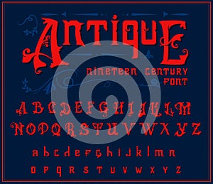 Victorian alphabet in ancient style. Antique old Font for Whiskey label. Vintage typeface in red colors, editable and