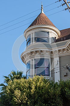 Victorian architecture details in San Francisco California USA. Architecture of the residential buildings with a colorful facades