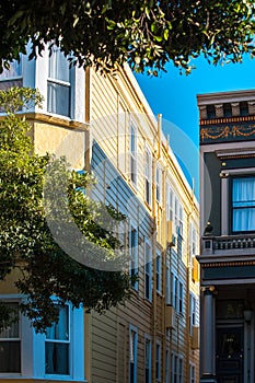 Victorian architecture details in San Francisco California USA. Architecture of the residential buildings with a colorful facades