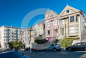 Victorian architecture in San Francisco California USA. Architecture of the residential buildings with a colorful facades