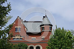 Victorian architecture with spiral turret and front gable