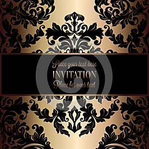 Victorian background with antique, luxury black and gold vintage frame, victorian banner, damask floral wallpaper ornaments