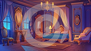 The Victorian bedroom appears empty at night with light wooden furnishings and decoration, a bed with tulle canopy, a