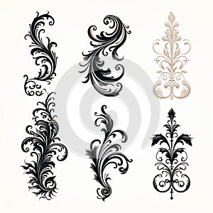 Victorian Black And Beige Ornate Flower And Leaf Elements Vector