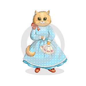 Victorian cat with a blue in a dress and shoes