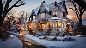 Victorian Christmas Decorated House on A Winter Evening