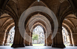 Victorian cloisters at the University of Glasgow, Scotland, built in the style of Gothic Revival.