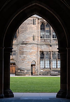 Victorian cloisters at the University of Glasgow, Scotland, built in the style of Gothic Revival.