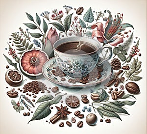 Victorian Design, Deconstructed cup of coffee, Ingredients are displayed as a border