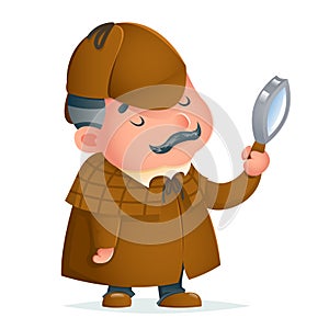 Victorian detective gentleman magnifying glass investigate search cute podgy mascot cartoon design vector illustration photo