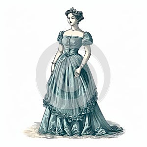 Victorian Era Lady In Blue Dress: Colorized Engraving With Detailed Costumes