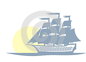 Victorian era Warship. A stylized drawing of an old sailship against the background of the morning sun.