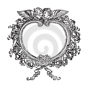 Victorian floral frame with angels illustration