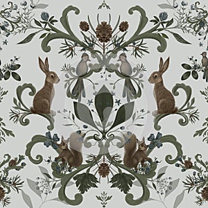 Victorian forest seamless pattern. Woodland animals. Magic fairytale hand drawn illustration