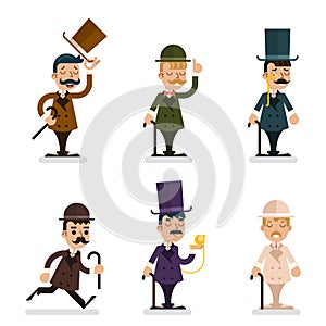 Victorian Gentleman Characters Icons Set Flat Design Vector Illustration