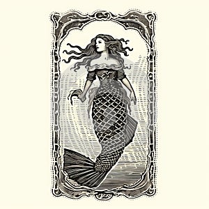 Victorian Gothic Mermaid Fish On Old Style Map Design