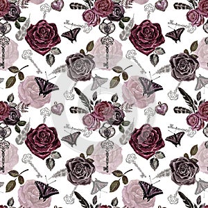 Vintage style floral seamless pattern. Watercolor red, burgundy, black roses, skeleton key on white background.