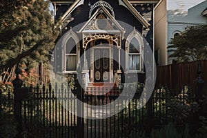 victorian house with black metal fence, white wooden door and stained glass window