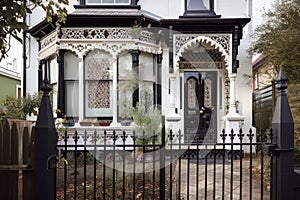 victorian house with black metal fence, white wooden door and stained glass window