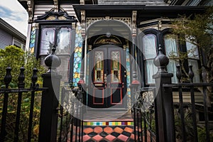 victorian house with black metal fence, white wooden door and stained glass window