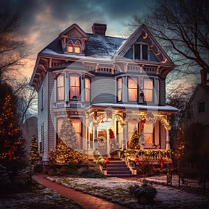 A Victorian house decorated for Christmas, with colorful lights and a wreath