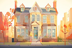 victorian house fronts in warm sunset light, magazine style illustration